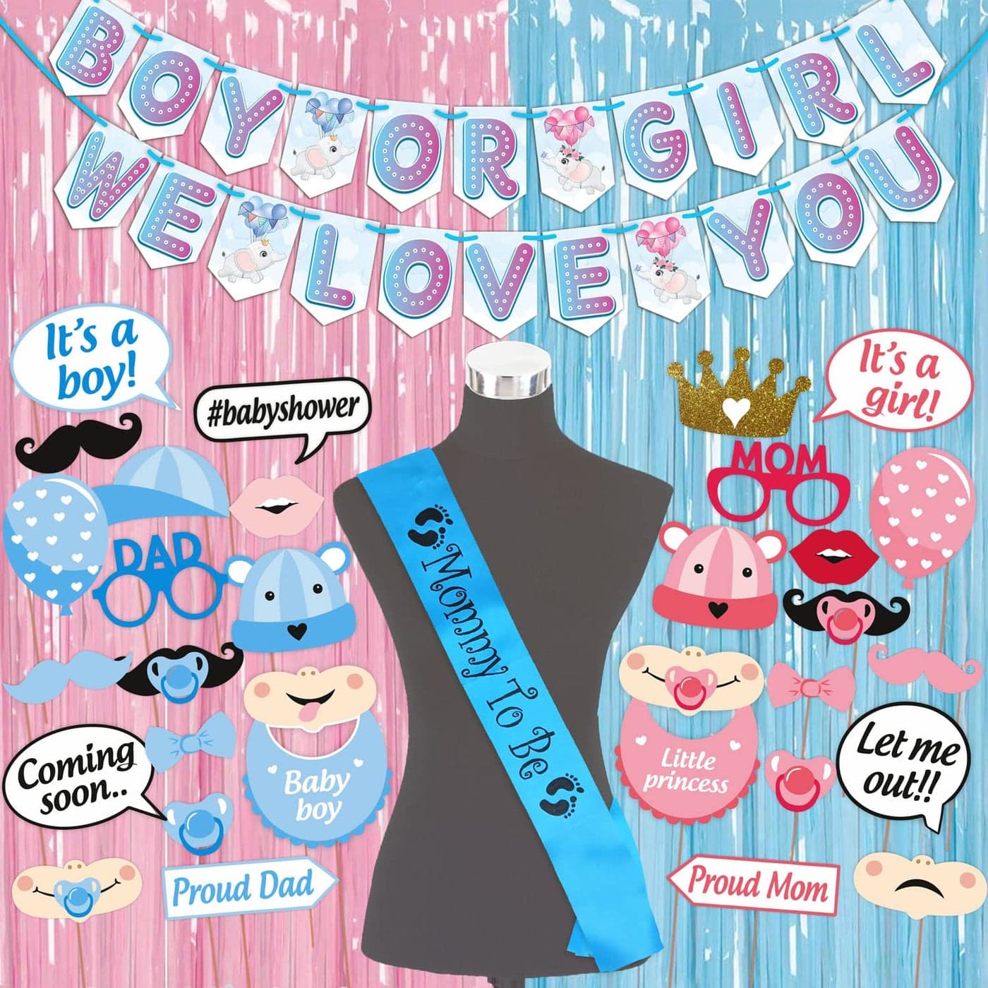 WOBBOX Baby Shower Combo of Party Props 30 Pcs & Boy Or Girl We Love You Bunting Banner, Mommy to be Blue Sash, with Blue & Pink Foil Fringe, Baby Shower Decoration Item (Pack of 4)