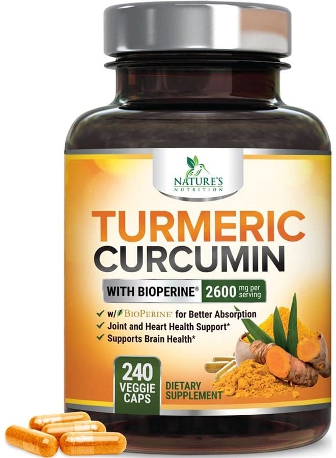 Turmeric Curcumin Supplement with BioPerine 95% Curcuminoids 2600mg with Black Pepper for Best Absorption, Bottled in USA, Best Natural Vegan Joint Support, Nature's Tumeric Capsules - 240 Capsules