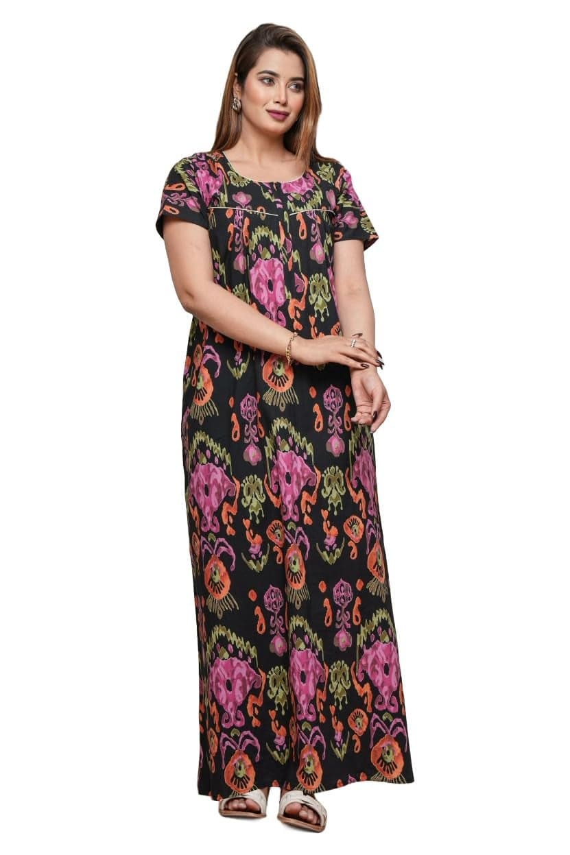 Urali Women 100% Cotton Floor Length® Printed Night Gown (Black, L) - S493