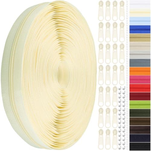 DOITEM 12 Yards Nylon Coil Zipper by The Yards 3 Bulk Zippers for DIY Sewing Craft Bags with Replacement 25PCS Sliders Cream White 3