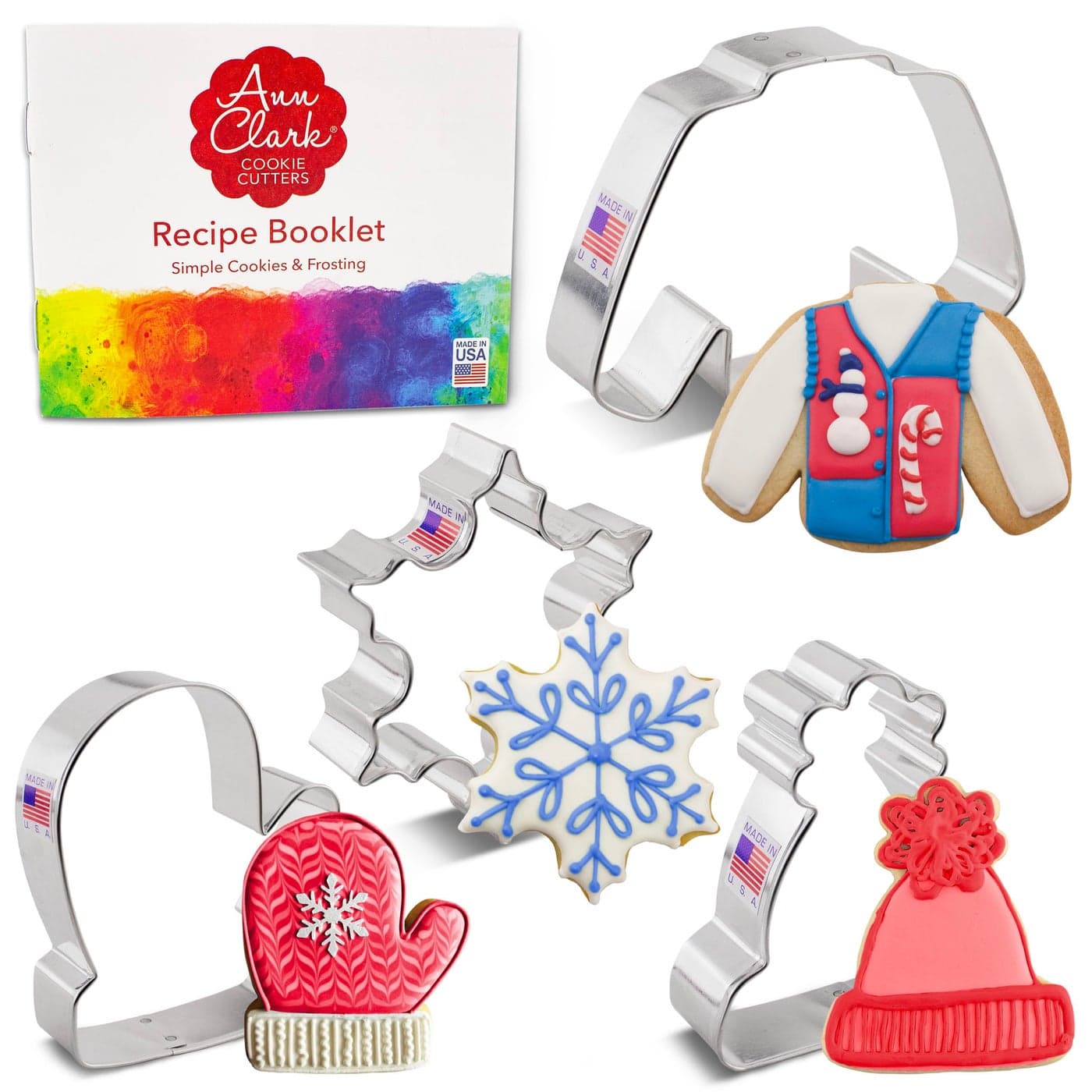Winter and Christmas Cookie Cutters 4Pc Set Made in USA by Ann Clark Snowflake Sweater Mitten Winter Hat