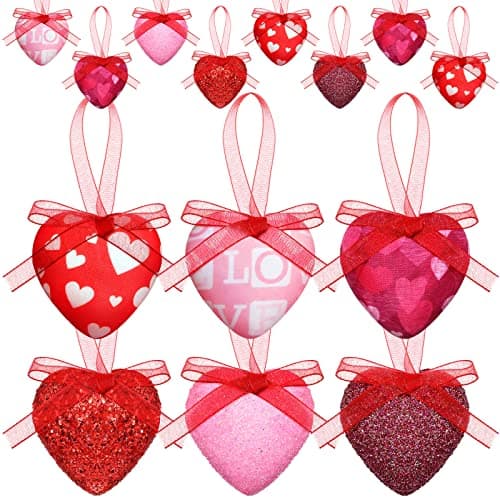Kajaia 24 Pcs Glittery Valentine's Day Decoration Red Pink Heart Tree Ornaments with Bow Valentines Tree Decoration Hanging Decorative Ornaments for Home Wall Party Indoor Outdoor Decor