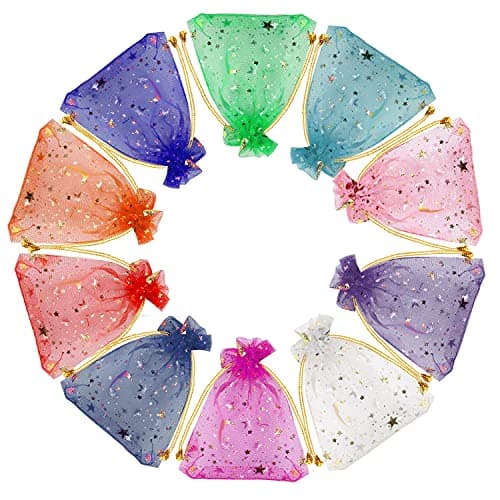 SUMAJU 100 Pieces Moon Star Organza Jewelry Candy Bags 27x35 Inch Random Color Organza Favor Bags Gift Pouch with Drawstring for Wedding Party
