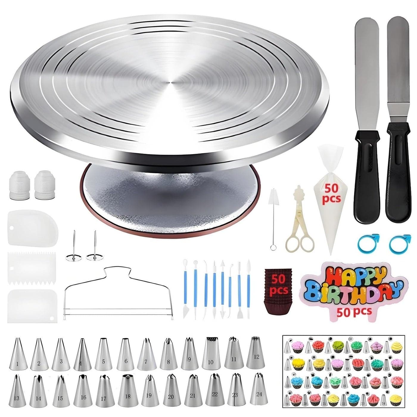 YOQXHY 198 Pcs Cake Decorating Kit with Aluminium Alloy Cake TurntableCake Leveler24 Numbered Icing Piping Tips2 Cake Spatulas3 Comb Scrapers2 Couplers 50 Pastry Bags