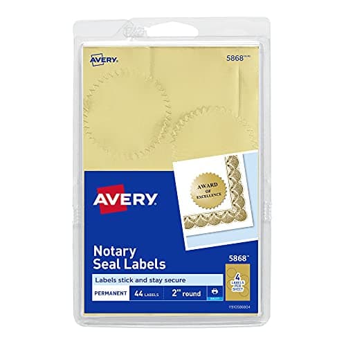 Avery Inkjet Print or Write Notarial Seals, 2 in Diameter, Gold, 18 Packs (5868)