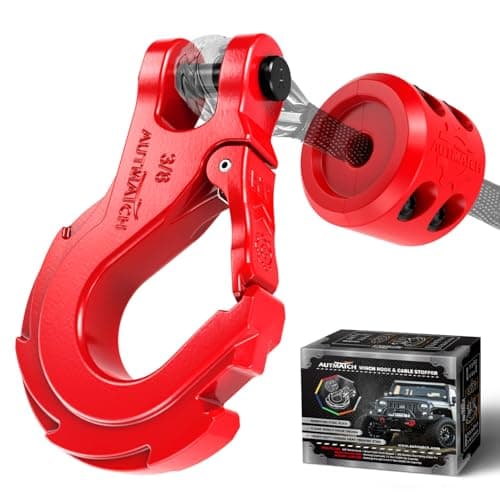 AUTMATCH Winch Hook 3/8" - Clevis Slip Hook with Safety Latch & Winch Cable Hook Stopper, Grade 70 Forged Steel Max 18Ton (39,600Lbs) Work for Winch Rope, ATV, UTV, Off Road Vehicle, Red