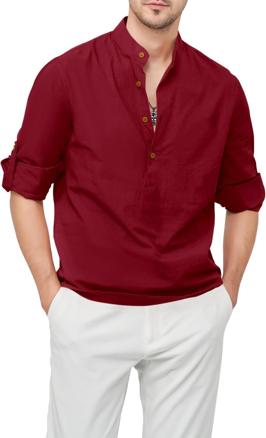 Zombom Men's Cotton Blend Mandarin Collar Self One Design Full Sleeve Casual Short Kurta Maroon