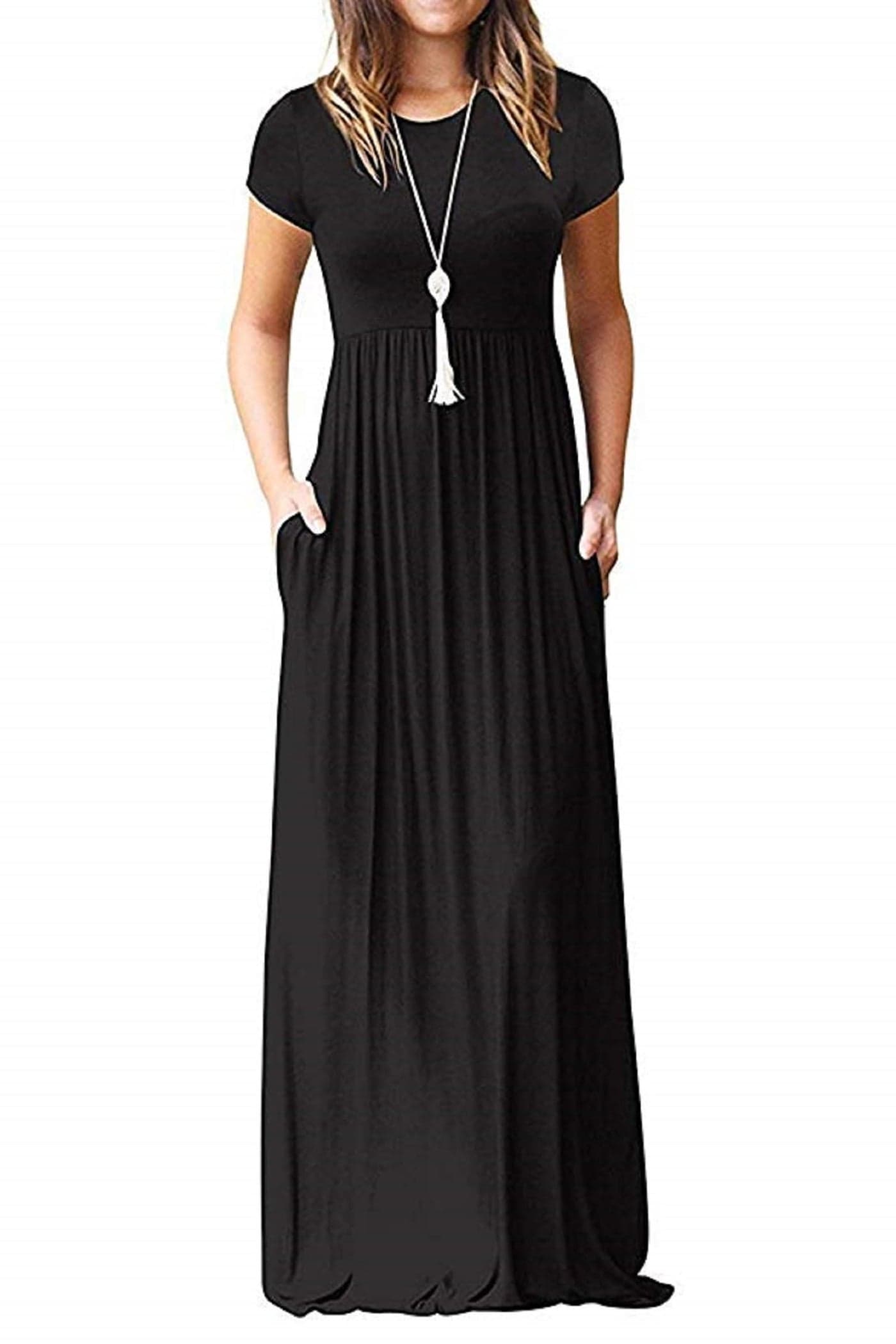 AUSELILY Women's Short Sleeve Loose Plain Casual Long Maxi Dresses for Women 2025 Black M