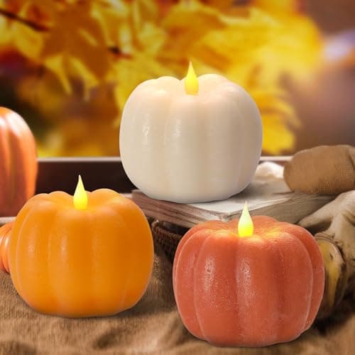 3PCS Fall Flameless Pumpkin Candles BatteryPowered Flickering Candle with Timer Remote Control Thanksgiving Gifts Autumn Farmhouse Rustic Harvest Decor for Tiered Tray Table Indoor