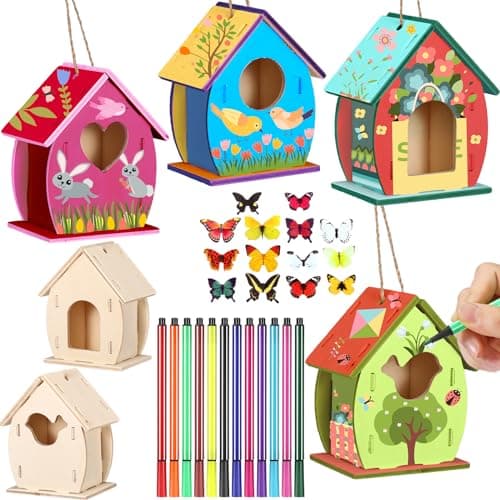 Outus 12 Pcs Wooden Birdhouse Craft Kits to Build 4 Shapes Wooden Unfinished Bird House with Watercolor and Butterfly Sticker for and Arts Crafts Bulk Painting KitsLovely Style364 Inch