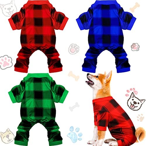 3 Pieces Christmas Dog Pajamas Red Buffalo Plaid Jumpsuit Puppy Pet Pajamas Buffalo Check Cute Apparel for Small Medium Dog Cat Chihuahua Puppy Christmas Costume(L (fit 7.7-9.9lbs))