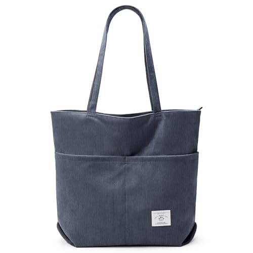 KALIDI Corduroy Tote Bag for Women Large Shoulder Bag Casual Hobo Zipper Handbag Purse with Front Pockets Work Shopping