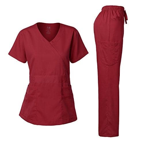 Dagacci Medical Uniform Women's Scrubs Set Stretch Ultra Soft Y-Neck Wrap Top and Pants Burgundy XXS