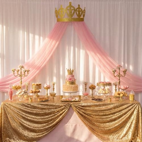 Hahafelt 3 Pcs Princess Party Decoration Set with Pink Tulle Background Drapes Glitter Gold Crown Arch for Girls Princess Birthday Castle Party Supplies Bridal Baby Showers Wedding Decoration