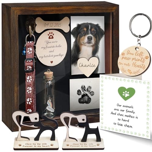 vinatimes 8.6'' Pet Shadow Box Memorial Gift Rustic Collar Holder Picture Frame Paw Print Kit Dog Wooden Sculpture Pet Ashes Fur Jar Rainbow Sympathy Gift for Pet Lover Tabletop Wall Hanging PSD-4R