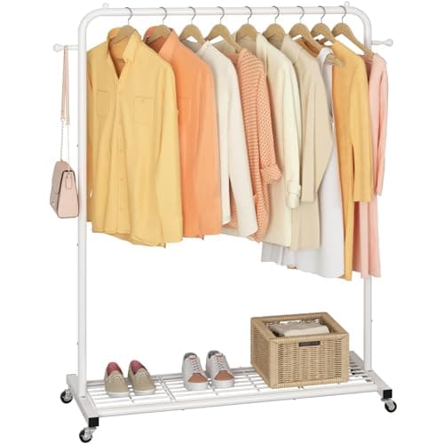 Sywhitta Clothing Rack on Wheels with Mesh Storage Shelf Sturdy Metal Frame Rolling Garment Rack for Hanging Clothes Coats Skirts 3976 L x 16 W x 6456 HWhite