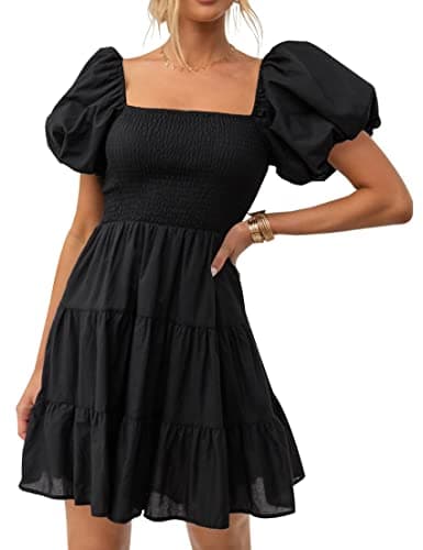 ZESICA Women's Boho 2025 Summer Square Neck Puff Sleeve Off Shoulder Smocked Tiered Casual A Line Short Mini Dress,Black,Small