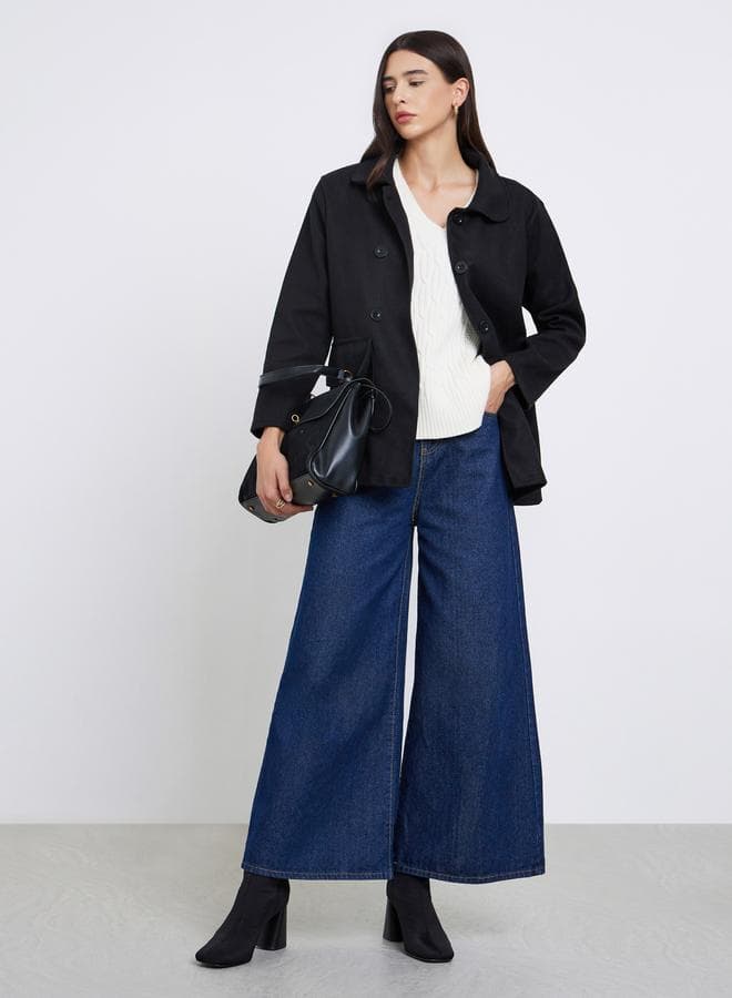 Black Solid Button-Down Coat