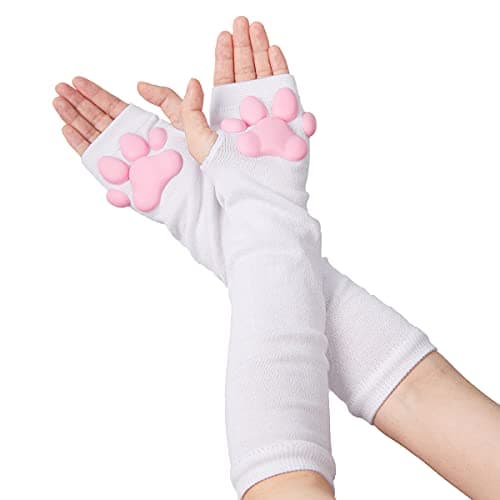 HOMEGYMFREE Cute Cat Paw Mittens Gloves, Kawaii Cat Cosplay Soft 3D Toes Beans Fingerless Halloween Cat Claw Paws Pad Sleeve (White-Long)