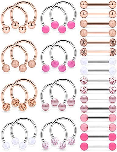 Ftovosyo 32Pcs Nipple Rings 14G Surgical Steel Tongue Nipplerings Barbell Bar Hoop Ring Piercing Jewelry for Women Men 14mm Rose Gold Pink Glow in The Dark Externally Threaded Ball