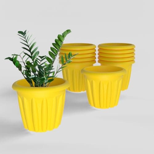 YUCCABE ITALIA SHERA Floot 10 Inch Plastic Flower Pot 12 Piece Set of Round Shape Planter for Home Garden Seedling Planter for pots (Yellow)