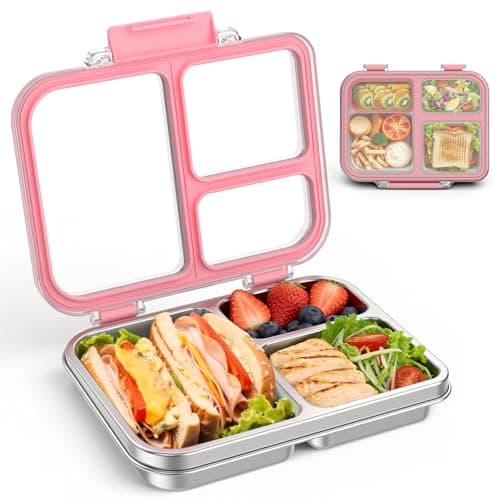 BABHAMNESS Stainless Steel Bento Lunch Box for Kids Adults, 3 Compartments Metal Bento Box with Transparent Lid & Silicone Container for Kids,Dishwasher-Safe,School & Travel,BPA-Free(Pink)