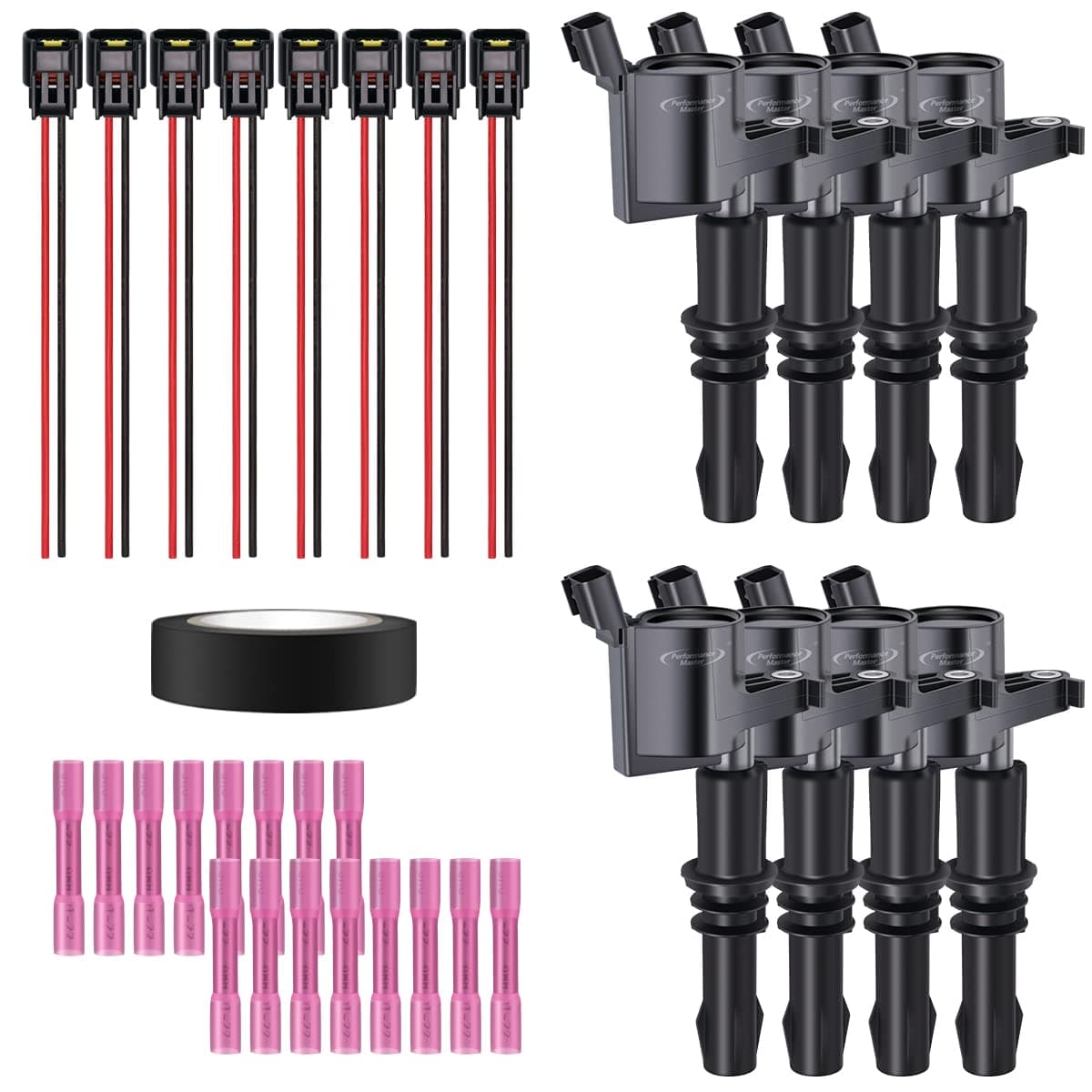 Performance Master Set of 8 Straight Boot Ignition Coils Pigtail Connector Wiring Harness Kit Compatible with Ford Expedition F150 F350 Lincoln Mark LT Replacement for C1541 FD508