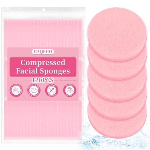 RAQEHO 120pcs Compressed Facial Sponges Round Face Sponge Disposable Travel Facial Cleansing Pads Makeup Sponge for Face Wash Exfoliating Remover Skin Care Beauty Tool Esthetician EssentialPink