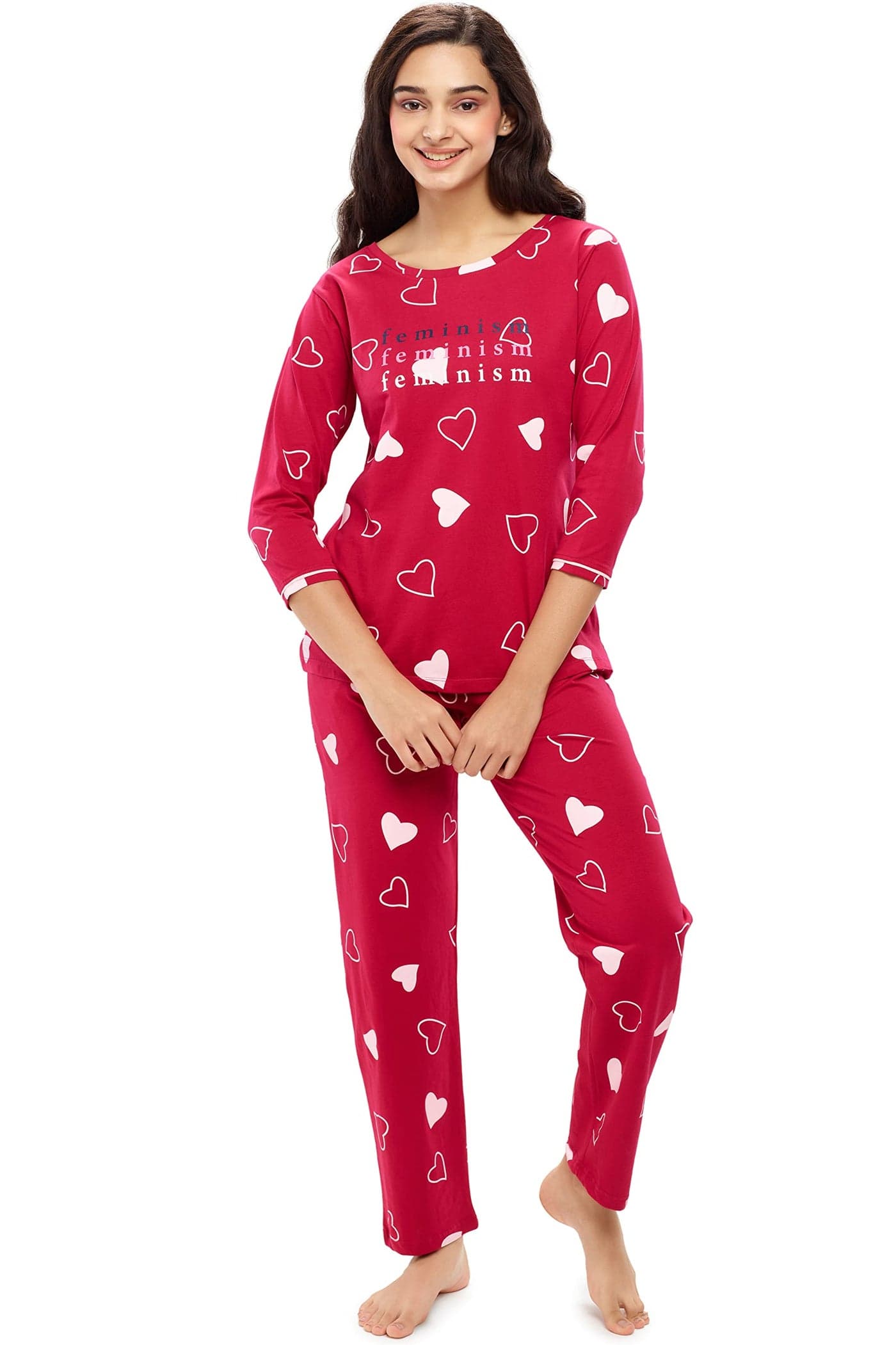 ZEYO Women's Cotton Heart Printed Stylish Night Suit Set of Top & Pyjama 5619 Red