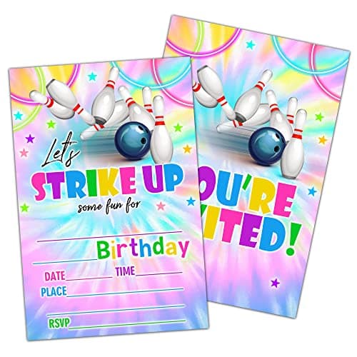 NYCTUG Tie Dye Neon Bowling Birthday Party Invitation, Let's Strike Up! Colorful Invite Cards For Kids, Boys & Girls, 20 Double-Sided Fill-In Invitation With Envelopes,Party Favors And Supplies-D20