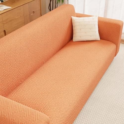 Lukzer 4 Seater Pastel Orange Grid Maze Pattern Sofa Cover | 240 GSM Universal Stretch Fit Jacquard Fabric Couch Protector | Fully Covered Anti Slip & Washable Sofa Cover (230-300cm/SC-106-04)