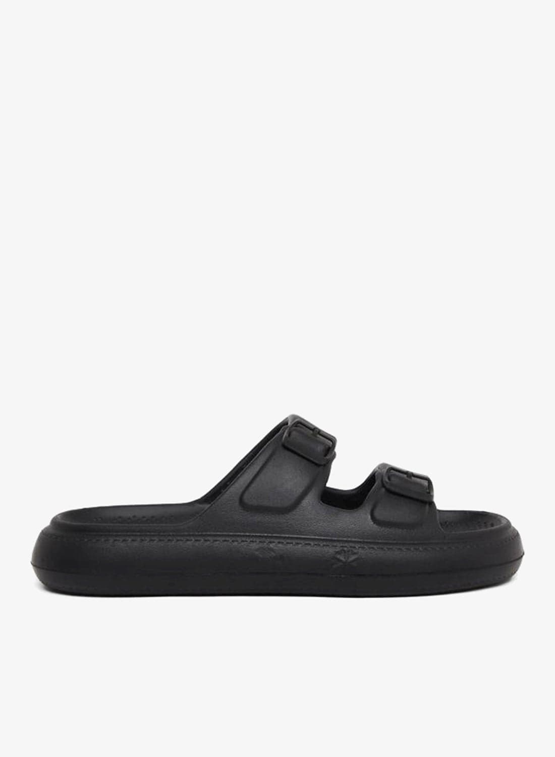 Black Double Buckle Comfort Slide Sandals