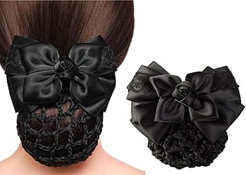 Women Bowknot Snood Net Barrette Hair Clip Bun Cover Hairnet Satin Bow Barrette French Hair Clips Ribbon Flower Hair Accessories for Stewardess Banks Hotels Restaurant Staff Black