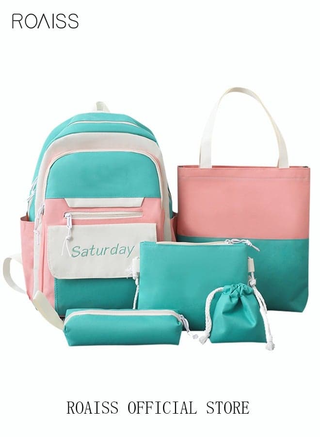 Girls 5PCS Stylish Backpack Set, Large Capacity Schoolbag with Adjustable Straps, Multifunctional Multi-pocket Bookbag for Students, Suitable for School, Excursion or Any Outdoor Activities
