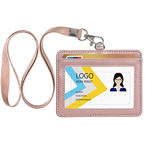 Teskyer Badge Holder with Lanyard, Leather ID Name Badge Card Holder with Lanyard for ID Badges, Horizontal Rose Gold