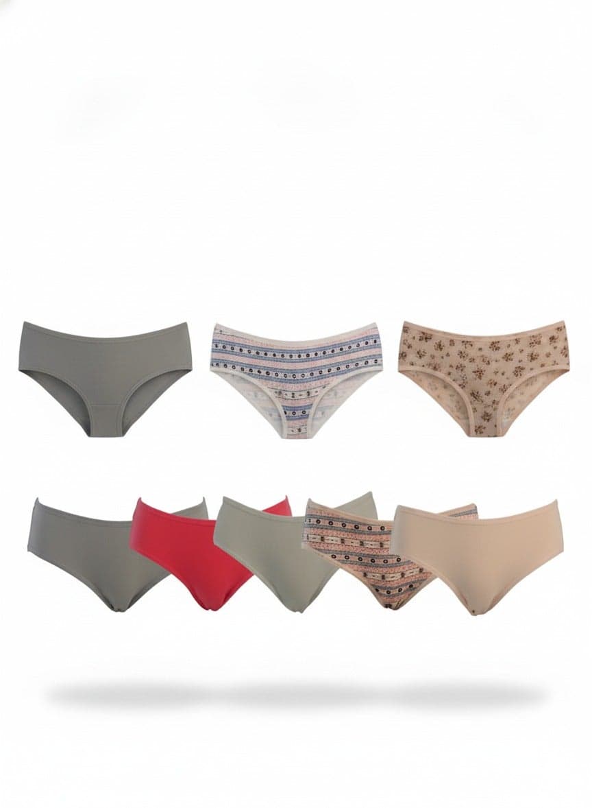 D001-2 Women's Plain & Floral Design Mid Rise 6-Pack Panties, Multicolor, XXL
