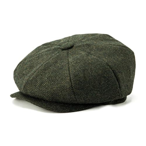BOTVELA Men's 8 Panel Wool Blend Newsboy Flat Cap Herringbone Tweed Hat (Green, 7 3/8)