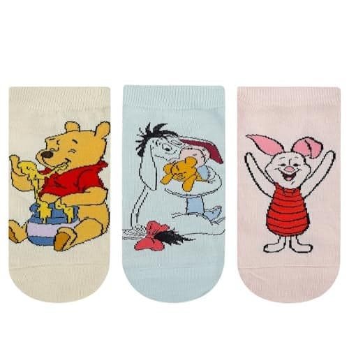 BALENZIA SocksXpress Disney Winnie the Pooh Character Lowcut/Ankle socks for Women (Pack of 3)(Free Size)| Made with Cotton & Spandex (Cream, Pink, Blue)