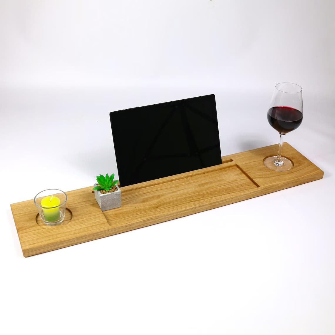 Runam Woods Premium Bathtub TrayCaddy with Mobile and Glass Holder Solid Wood Bath Tub RackTable HomeSpa ShelfTray