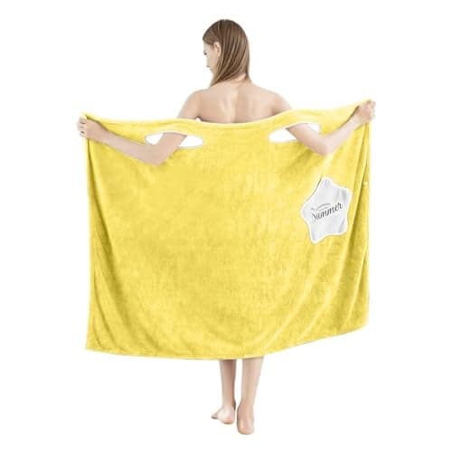 HOUSSE Wearable Microfiber Spa Bath Towel with Star Pocket for Girls & Women | Soft, Cozy Wrap with Snap Closure |Women’s Day Gift | 110 x 140 cm (Lemon Yellow)