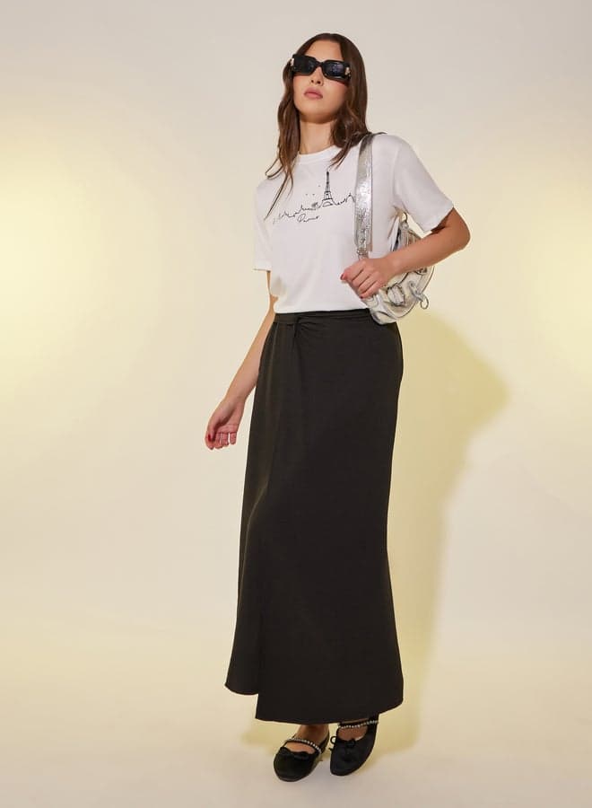 Solid Asymmetric Hem Maxi Skirt with Twist Detail