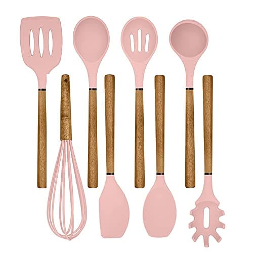 Country Kitchen Non Stick Silicone Utensil Set with Rounded Wood Handles for Cooking and Baking, 8 Piece Set, Pink