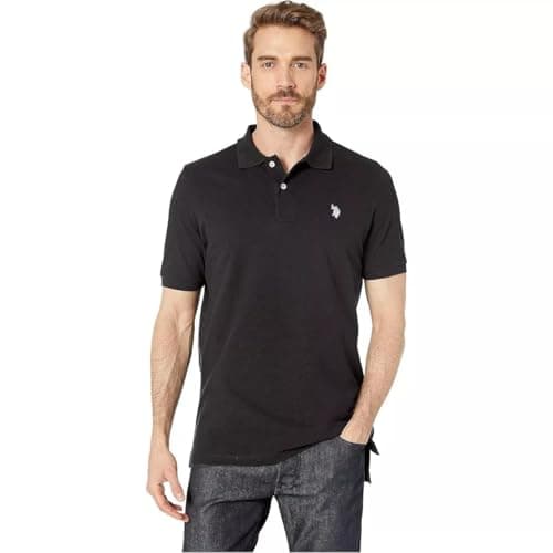 U.S. Polo Assn. Men's Classic Polo Shirt, Two-Button Closure Pique Polo Shirt, Summer Fashion Golf Shirt, Black/White, Small