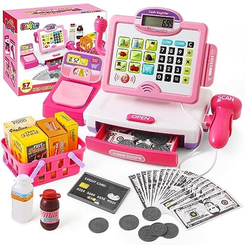 Play Calculator Cash Register Toy Gift for Kids Girls Age 3, 4, 5, 6, 7, 8+ Year Old, 57 Pcs Pink Pretend Grocery Store Playset, Incl Microphone, Credit Card, Scanner, Fake Food, Play Money for Kids