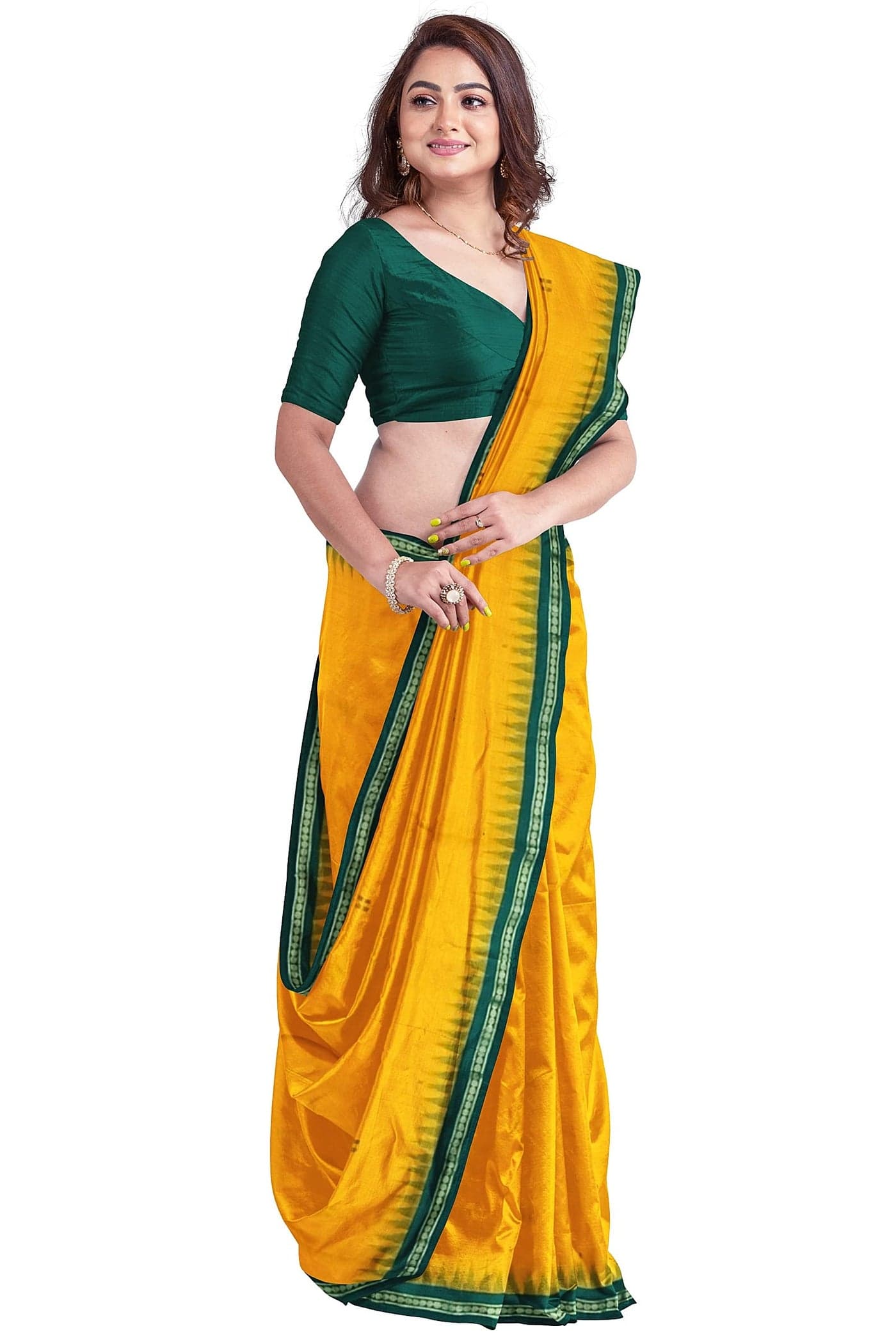 BTHIKIRI Odisha Sambalpuri Handloom Ikat Women's Cotton Saree, Odisha Handloom Handmade Pure Cotton Khandua Ikkat Traditional Handloom Saree Without Blouse (Gold Yellow, Green, BTHI 1552)
