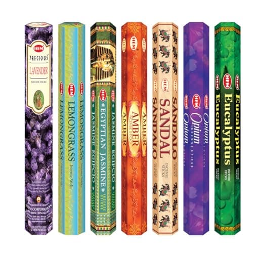 HEM assorted best sellers incense sticks pack of 6 - 120 Sticks, Fragrance - Lemongrass, Lavender, Egyptian Jasmine, Ambar Sandalo, Opium, Eucalyptus