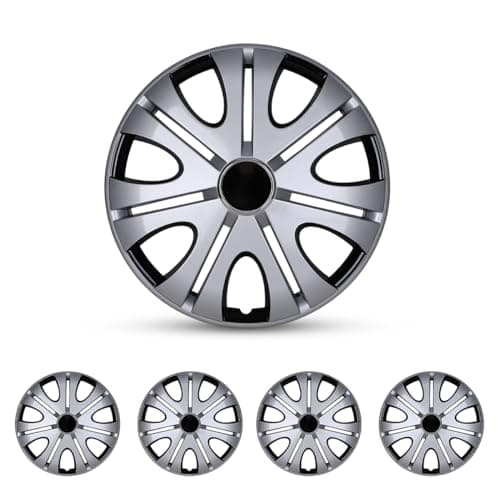 I1MOTOR 14 Inch Hubcaps Set of 4 Wheel Rim Cover Universal R14 Hub Caps, Snap On Car Pickup Truck SUV, Wheel Covers, ABS Material, Silver & Black Lacquer