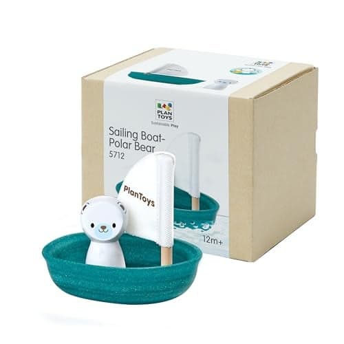PlanToys Polar Bear Sailing Boat Bath Toy for Toddlers Montessori Wooden Water Toys for Kids EcoFriendly Floating Boat for Bathtub Pool Water Table