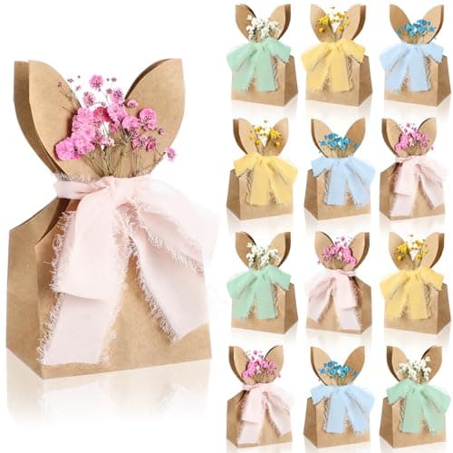 Affrolling 24 Set Boho Bow Easter Bunny Party Favor Bags DIY Bunny Gift Boxes with Neutral Bow Ribbon and Dried Flowers Rustic Paper Rabbit Ears Treat Bags Bulk for Easter Spring Pastel
