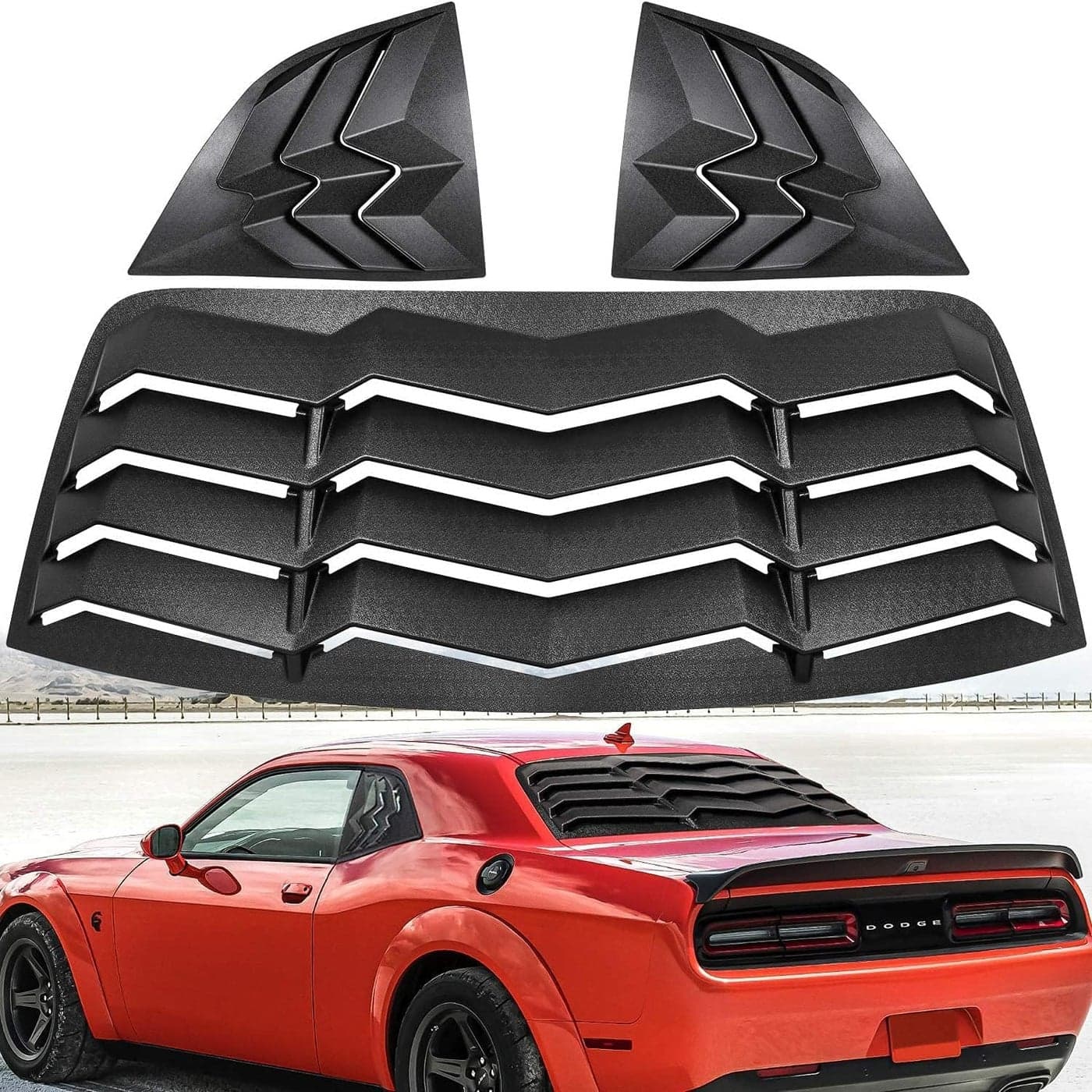 RearSide Window Louvers for Dodge Challenger 2008 2009 2010 2012 2013 2014 2015 2016 2017 2018 2019 2020 2021 2022 2023 Windshield Sun Shade Covers in GT Lambo Style Fit All Weather